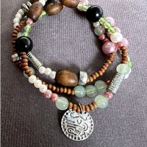 Multi-Strand Beaded Bracelet With Tribal‎ Charm & Wood Accents